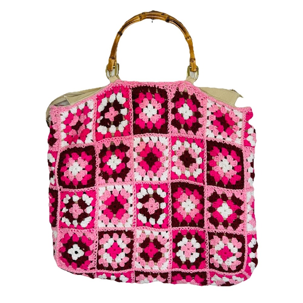 Boho Crochet Granny Square Purse Handbag Bamboo Style Handles Retro‎ Hippie Pink